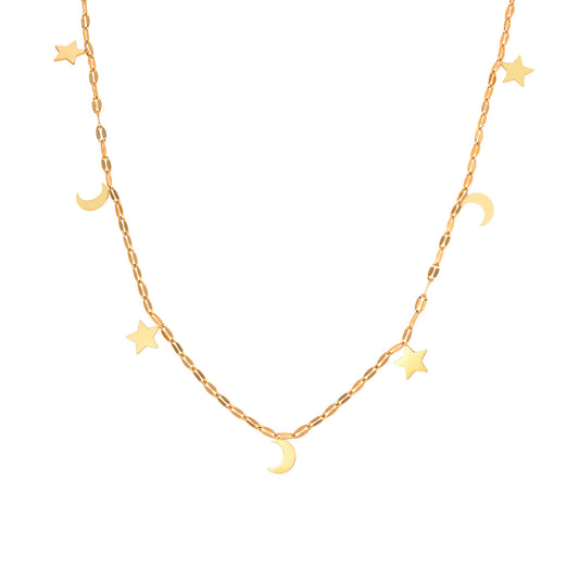 Ladies Stainless Steel Lip Chain Star Moon Necklace Gold