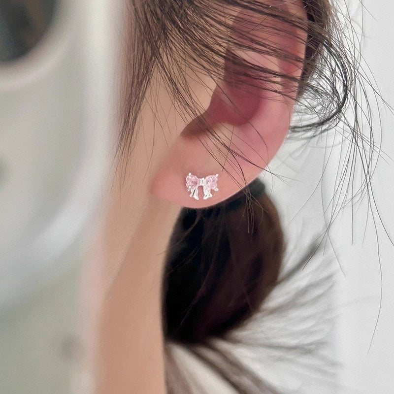 Planderful 925 Sterling Silver Bow Stud Earrings For Women With Pink Zircon Exquisite High End Jewelry