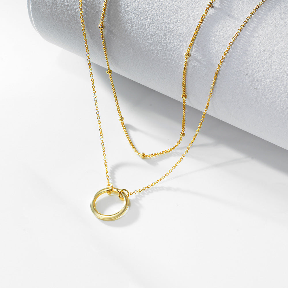S925 Sterling Silver Ring Double-Layer Necklace Style Geometric Circle Stacked