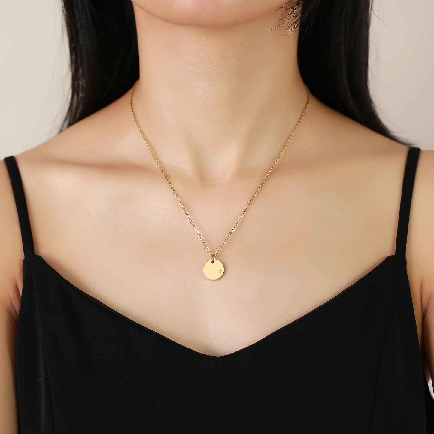 Stainless Steel Necklace Golden Lady Zircon Round Jewelry