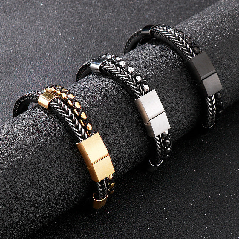Planderful Mens Leather Rope Bracelet Magnet Buckle Classic
