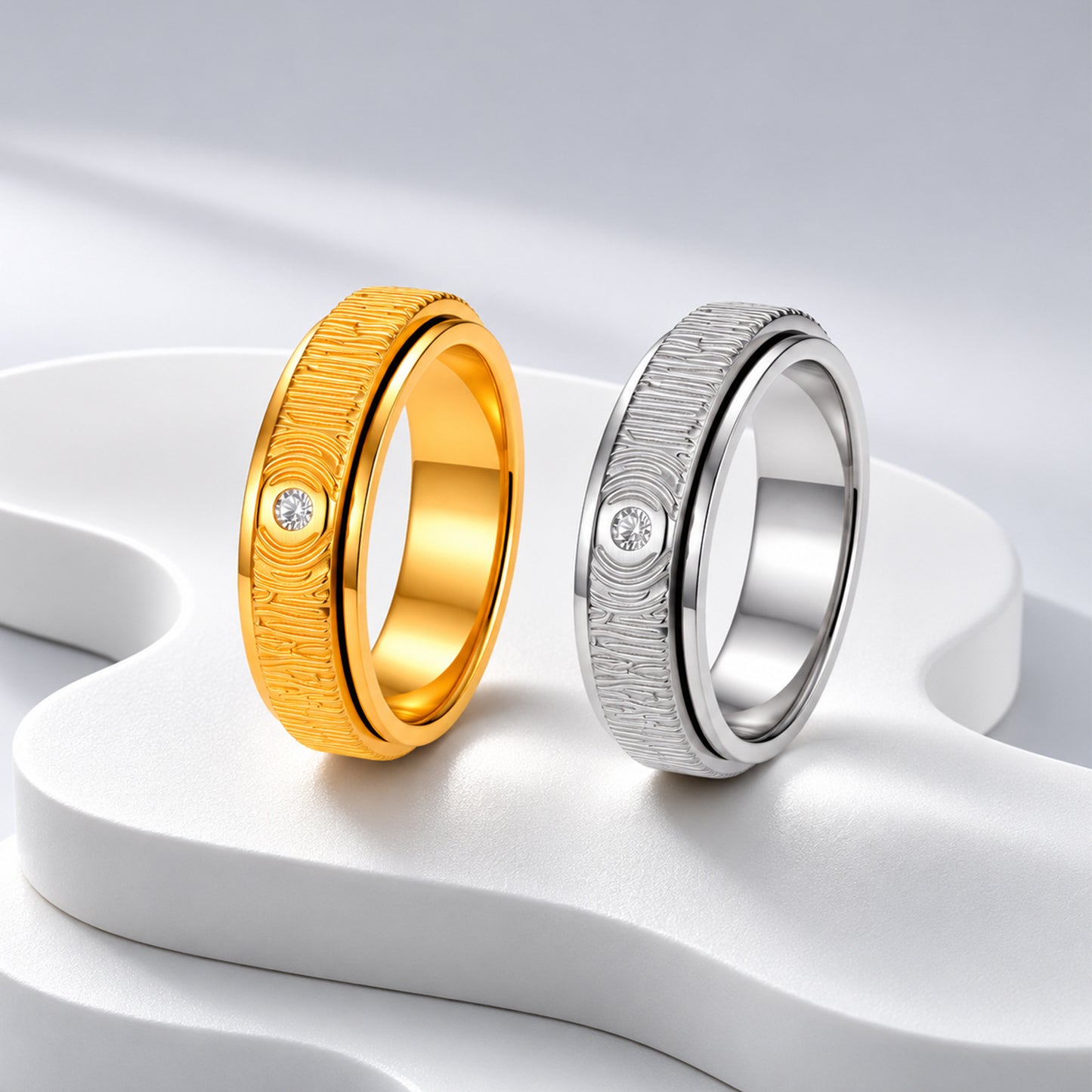 Planderful Everyday Genie Wood Grain Zircon Single Rotatable Stainless Steel Ring For Men Women Unisex Retro Jewelry