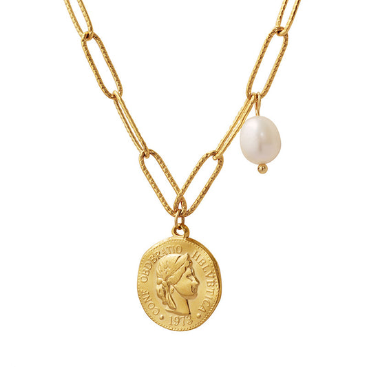 Retro Portrait Round Freshwater Pearl Pendant Necklace - Everyday Genie Collection