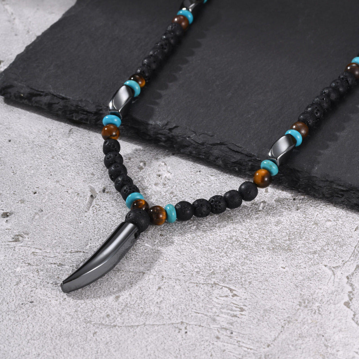Men's Stainless Steel Volcanic Stone Tiger's Eye Stone Wolf Tooth Pendant Necklace Punk