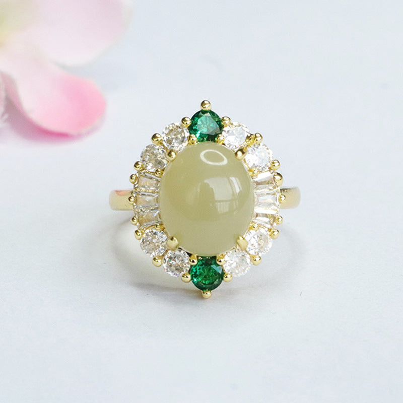 Exquisite Oval Hotan Jade Ring with Luxy Green and White Zircon Halo Features Sterling Silver Craftsmanship Handcrafted for Lasting Beauty and Comfortable Fit.