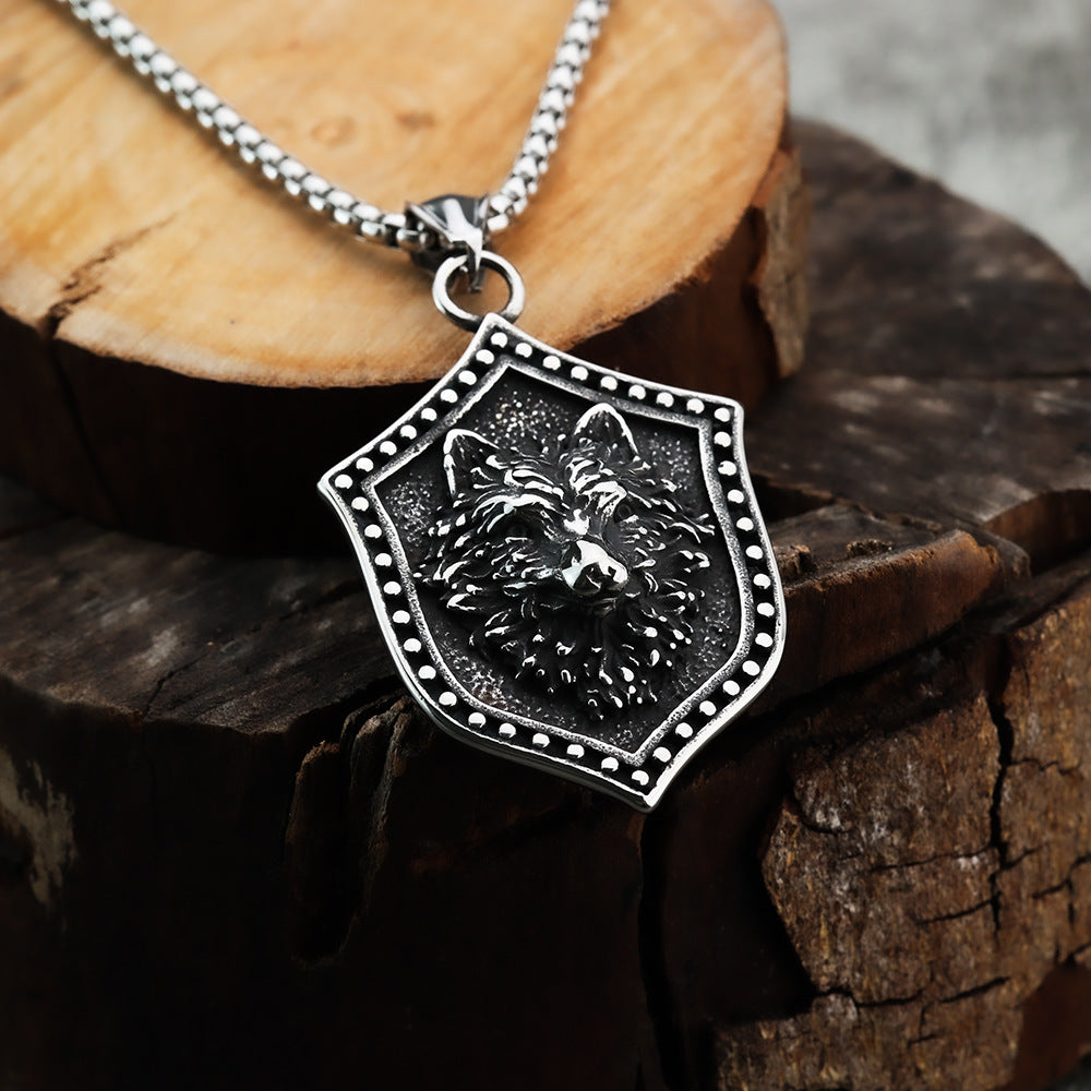 Hanging Shield Design Sense Necklace Men's Hip Hop Titanium Steel Necklace Nightclub Retro Wolf Head Pendant