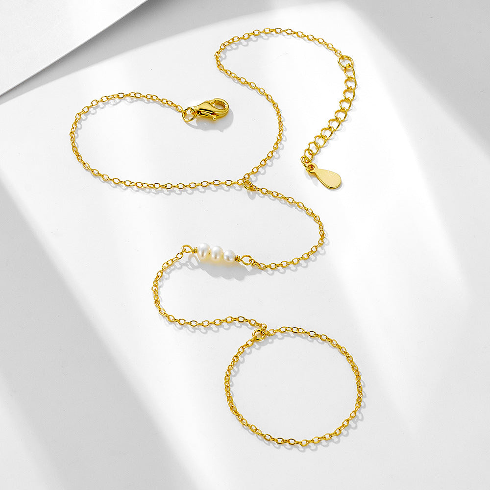 S925 Sterling Silver Natural Pearl Finger Chain Elegant Bracelet