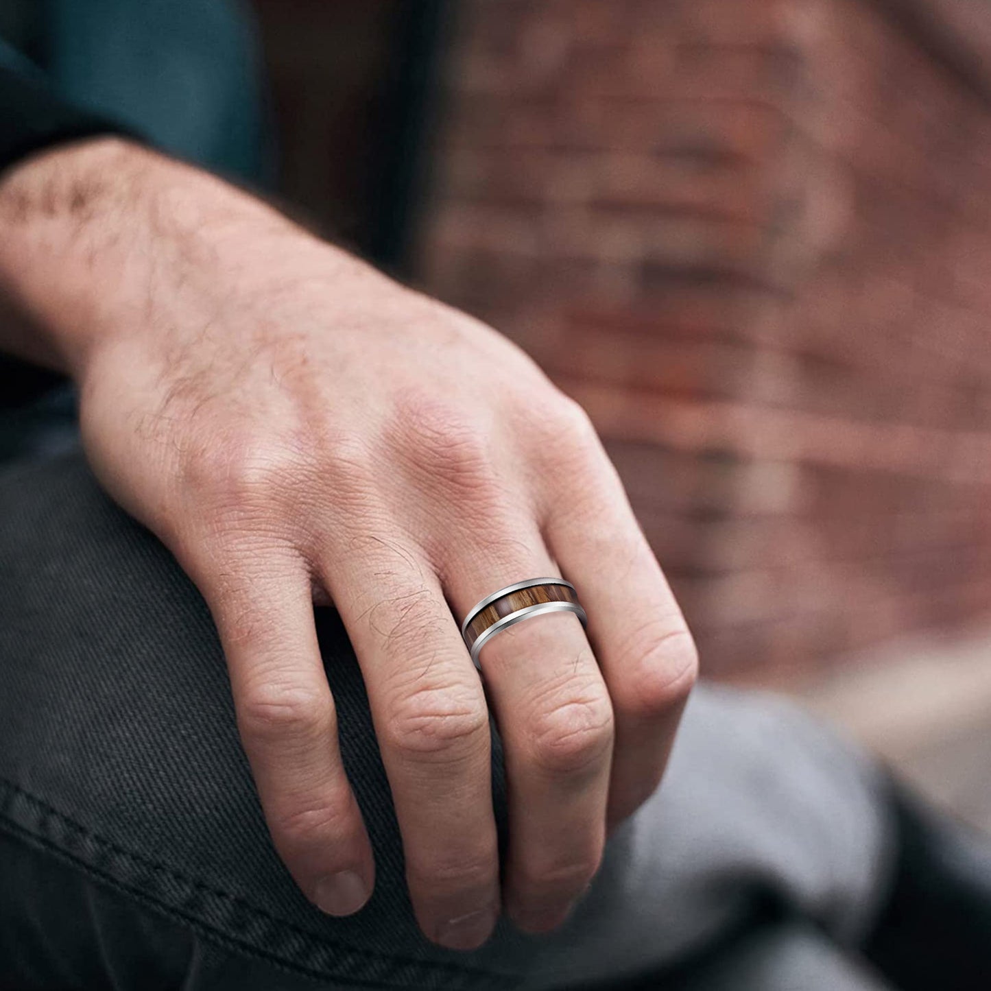 Planderful Everyday Genie Teak Inlaid Titanium Steel Couple Ring Unisex Durable Wedding Band