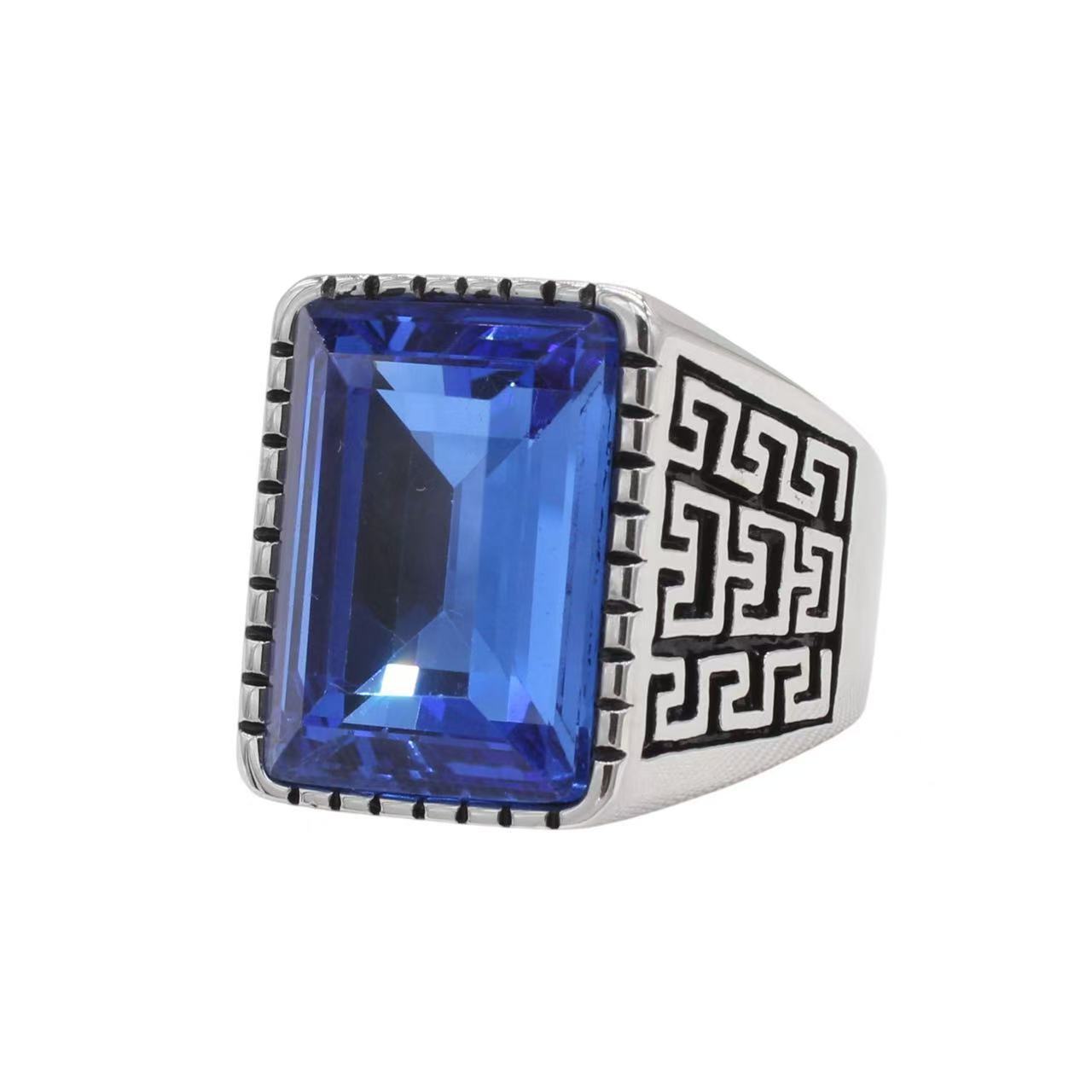 Planderful Mens Titanium Ring Unisex Domineering Great Wall Pattern Zircon Durable