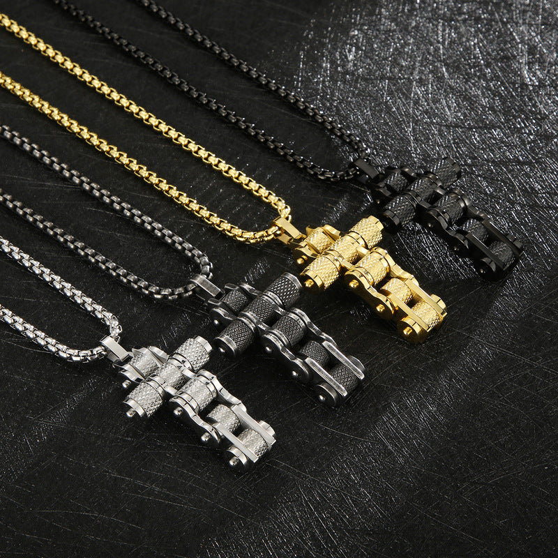 Creative Bicycle Chain Cross Pendant, Retro Hip-Hop Nightclub Men's Titanium Steel Square Pearl Necklace