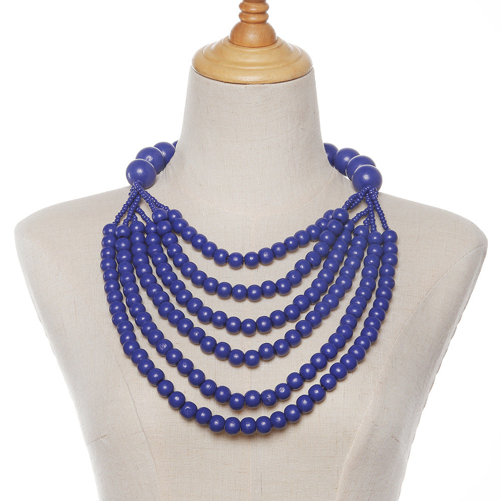Extravagant Multilayer Wooden Bead Necklace with Black Pendant Women's Statement Jewelry