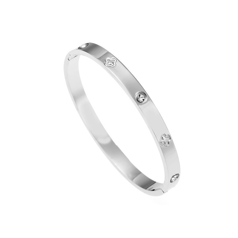 Planderful Jewelry Four Leaf Clover Zircon Bracelet Stainless Steel Elegant Everyday Luxury