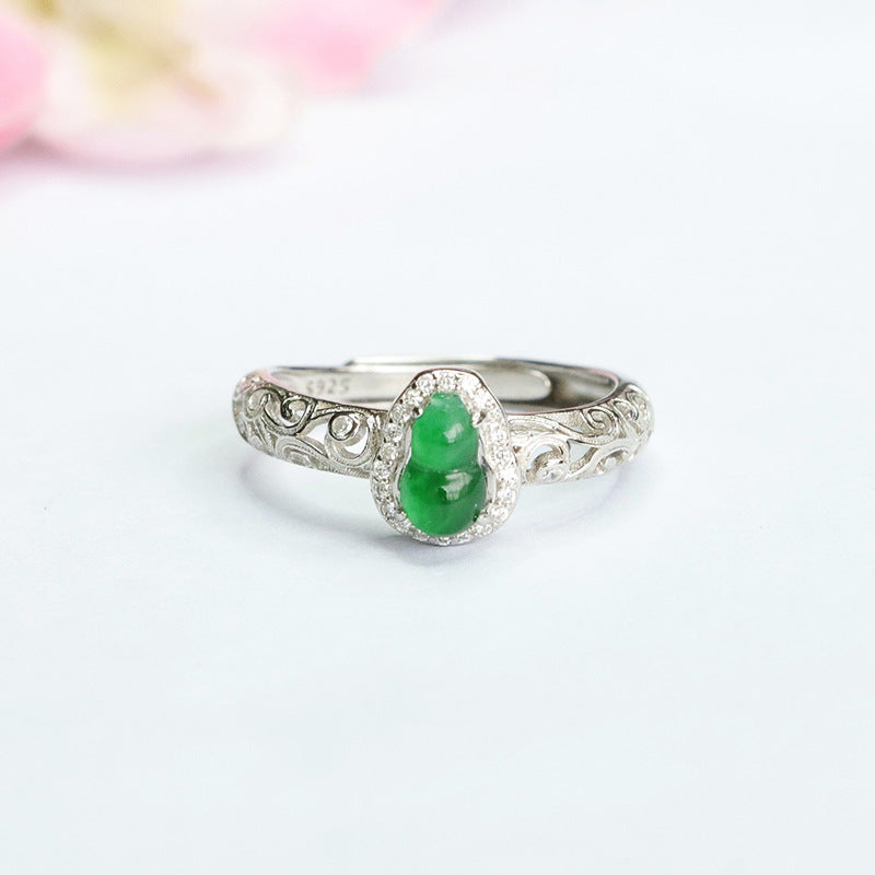 Hollow Sterling Silver Ring with Natural Ice Green Jade Gourd