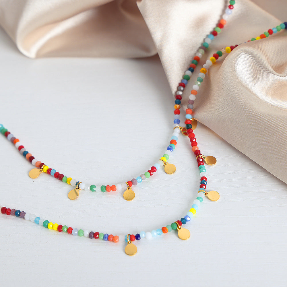 Elegant Titanium Steel Pendant Necklace with Glass Rice Beads