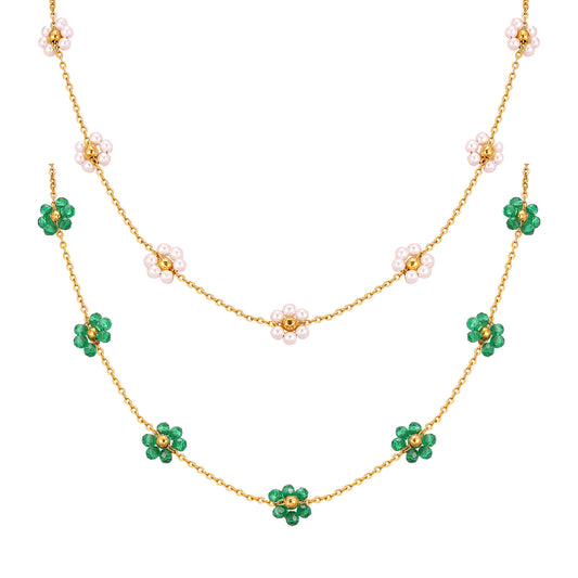 Necklace Bracelet Stainless Steel Flat Imitation Pearl Beads Flower Gold Woman