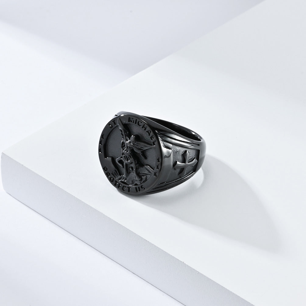 Cross-Border European And American Style Retro St. Michael's Archangel Titanium Steel Ring