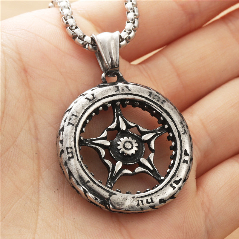 Titanium Steel Punk Pentagram Necklace for Men - Retro Trendy Stainless Steel Wheel Pendant