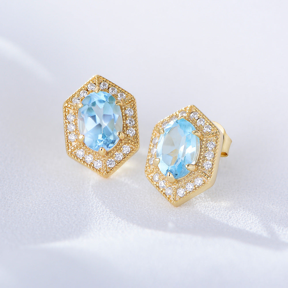 Geometric Blue Natural Topaz Earrings Sterling Silver Stud Earrings, Earrings