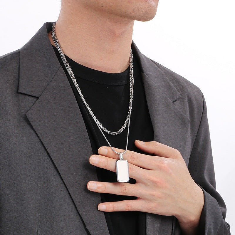 Trendy Emperor Chain Square Titanium Steel Necklace Men's Double-Layer Stacked Stainless Steel Military