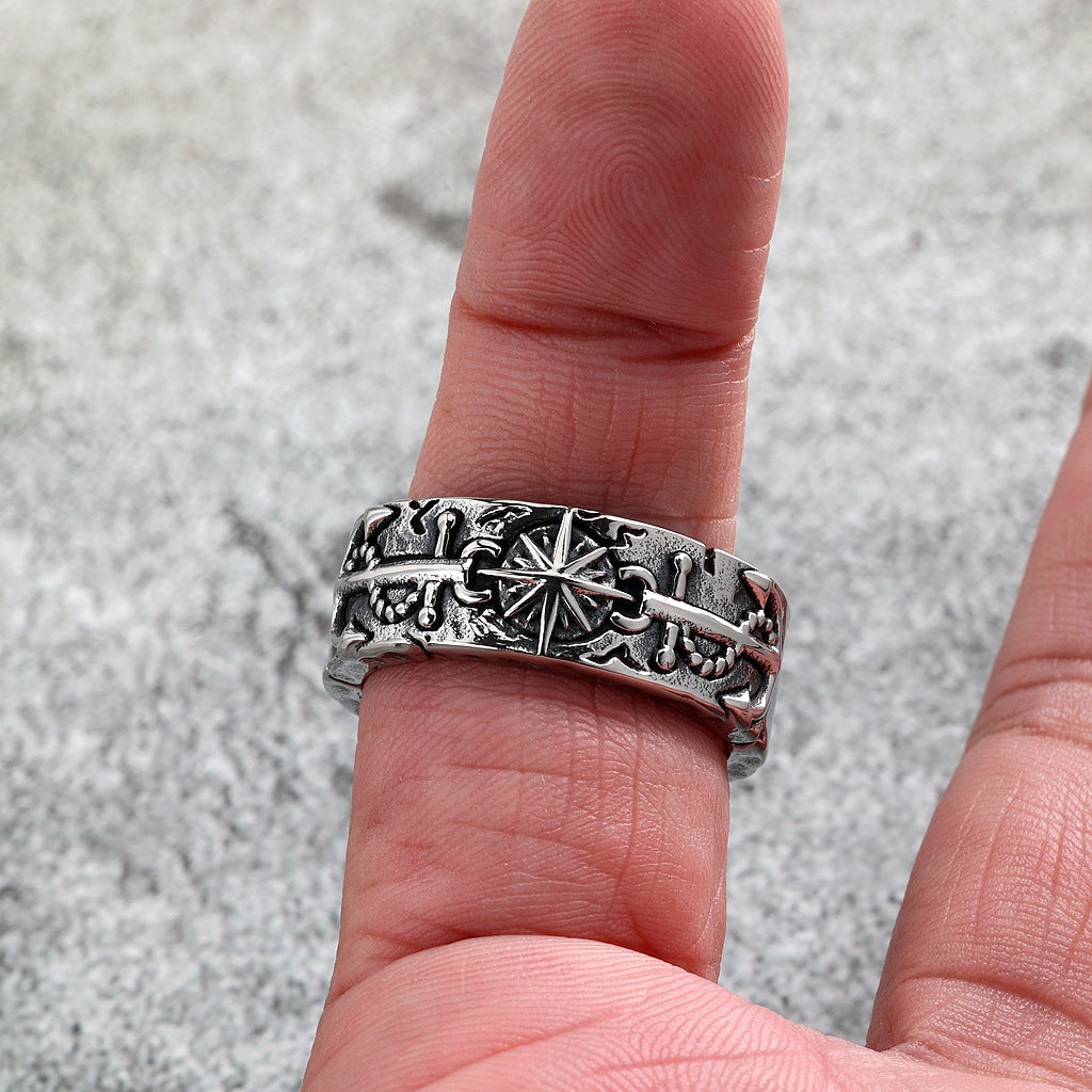 Vintage Anchor Sun Stainless Steel Men's Ring