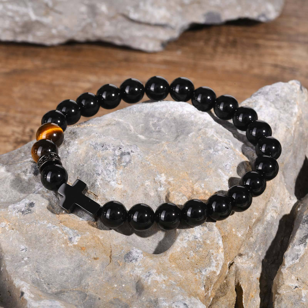 Men's Black Stainless Steel Cross Natural Glossy Agate Tiger's Eye Beaded Bracelet