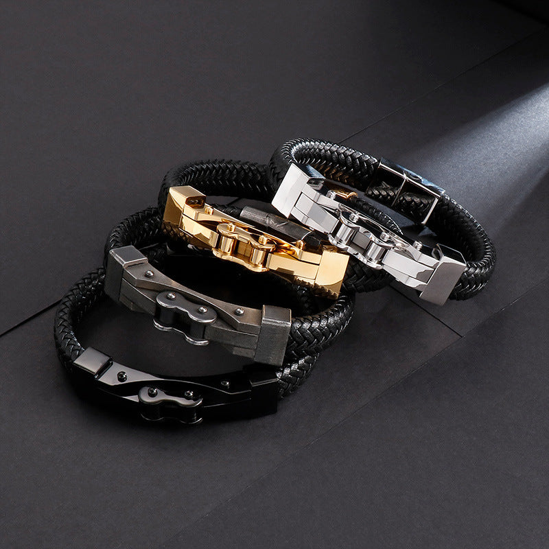 Planderful Men Punk Chain Leather Bracelet Stainless Steel
