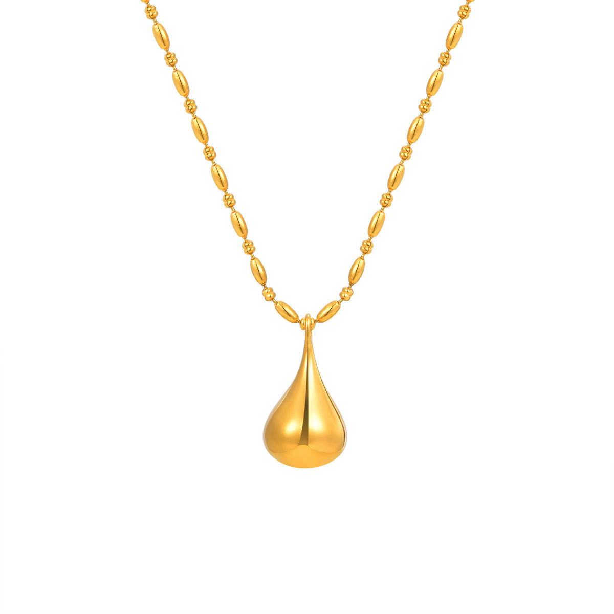 Stainless Steel Rice Bead Separator Chain Water Drop Pendant Necklace Gold Women's