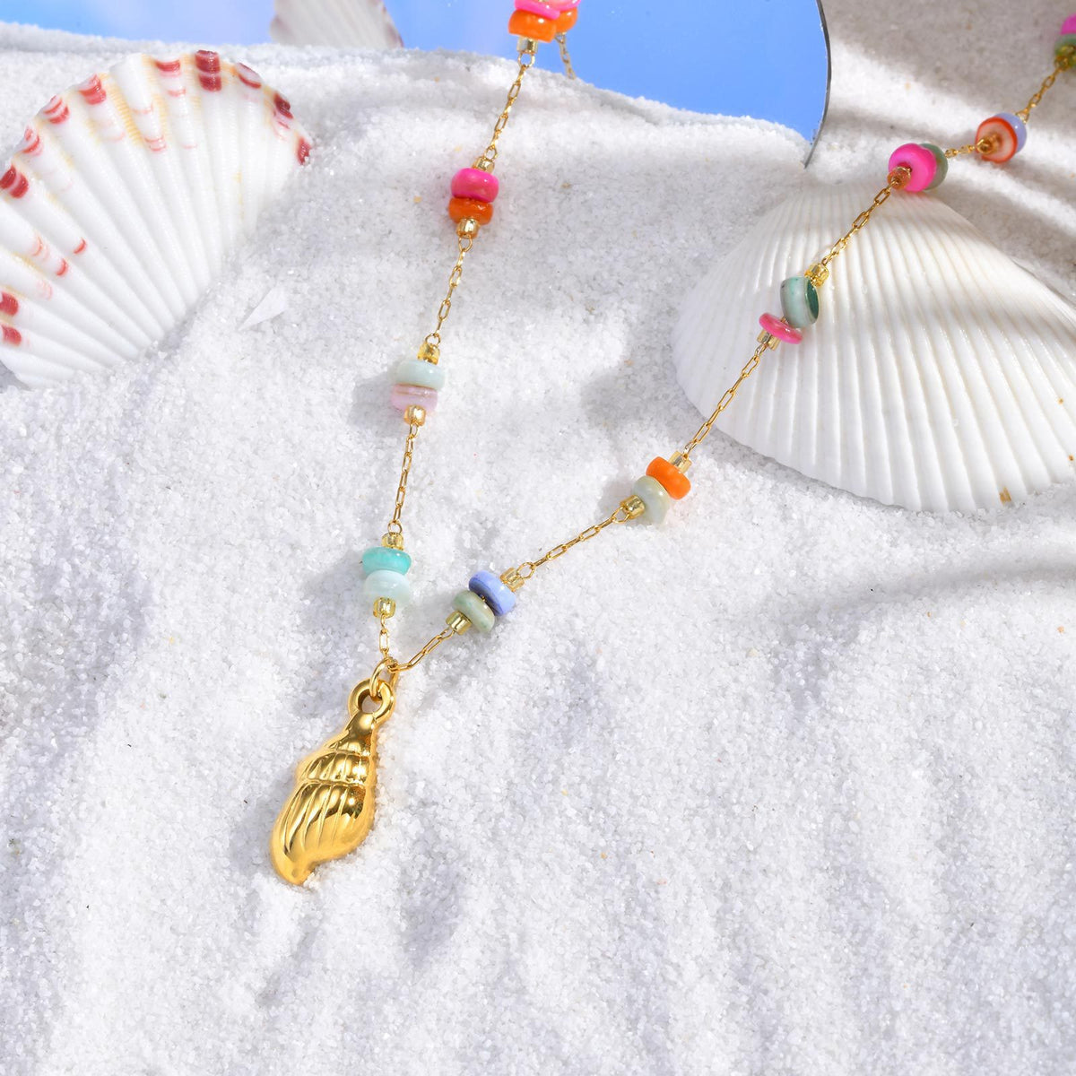 Summer Seaside Vacation Wind Small Fresh Ocean Wind Stainless Steel Colored Stone Conch Necklace