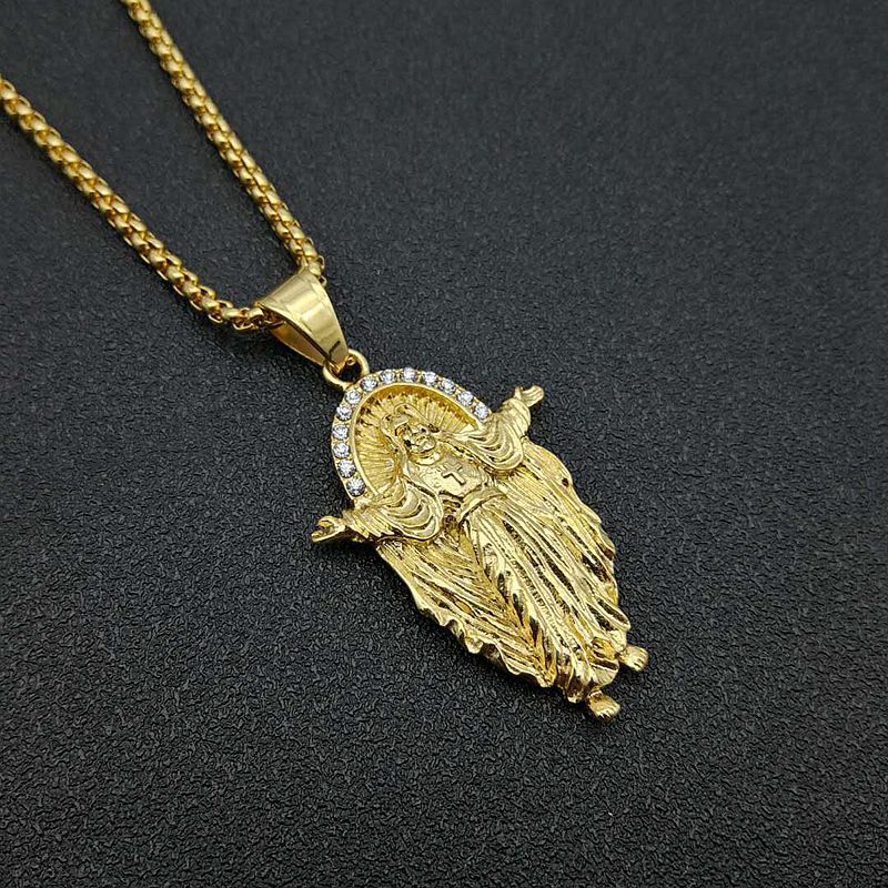Planderful Stainless Steel Gold Plated Jesus Pendant Necklace with Zircon Elegant Christian Jewelry for Believers