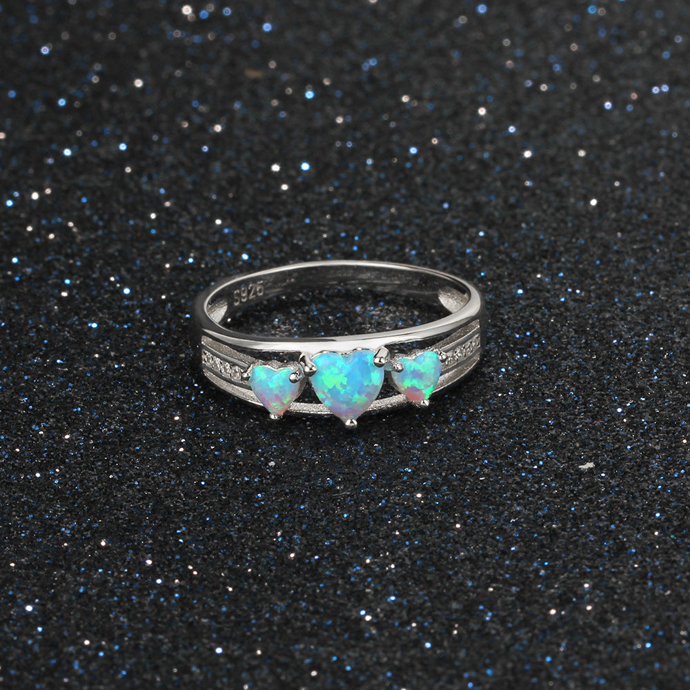 Planderful Jewelry Sterling Silver Opal Ring With Three Hearts Blue Opal Inlay, Elegant Gift