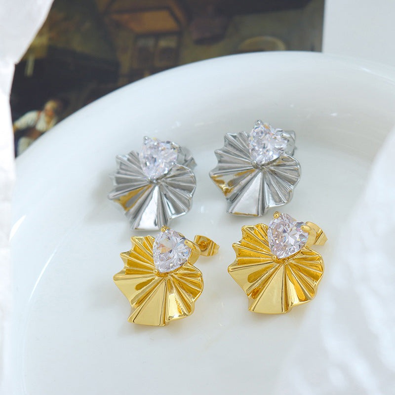 Korean Copper Peach Heart Zircon Earrings with Fan Pleats