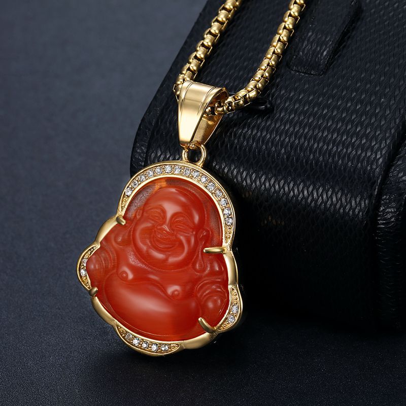 Planderful Maitreya Buddha Pendant Necklace Stainless Steel Gold Plated Zircon Opal Hip Hop Style For Men Women
