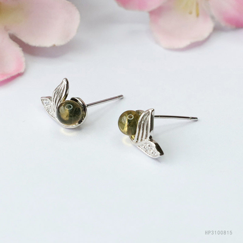 Blue Amber Dolphin 925 Silver Stud Earrings