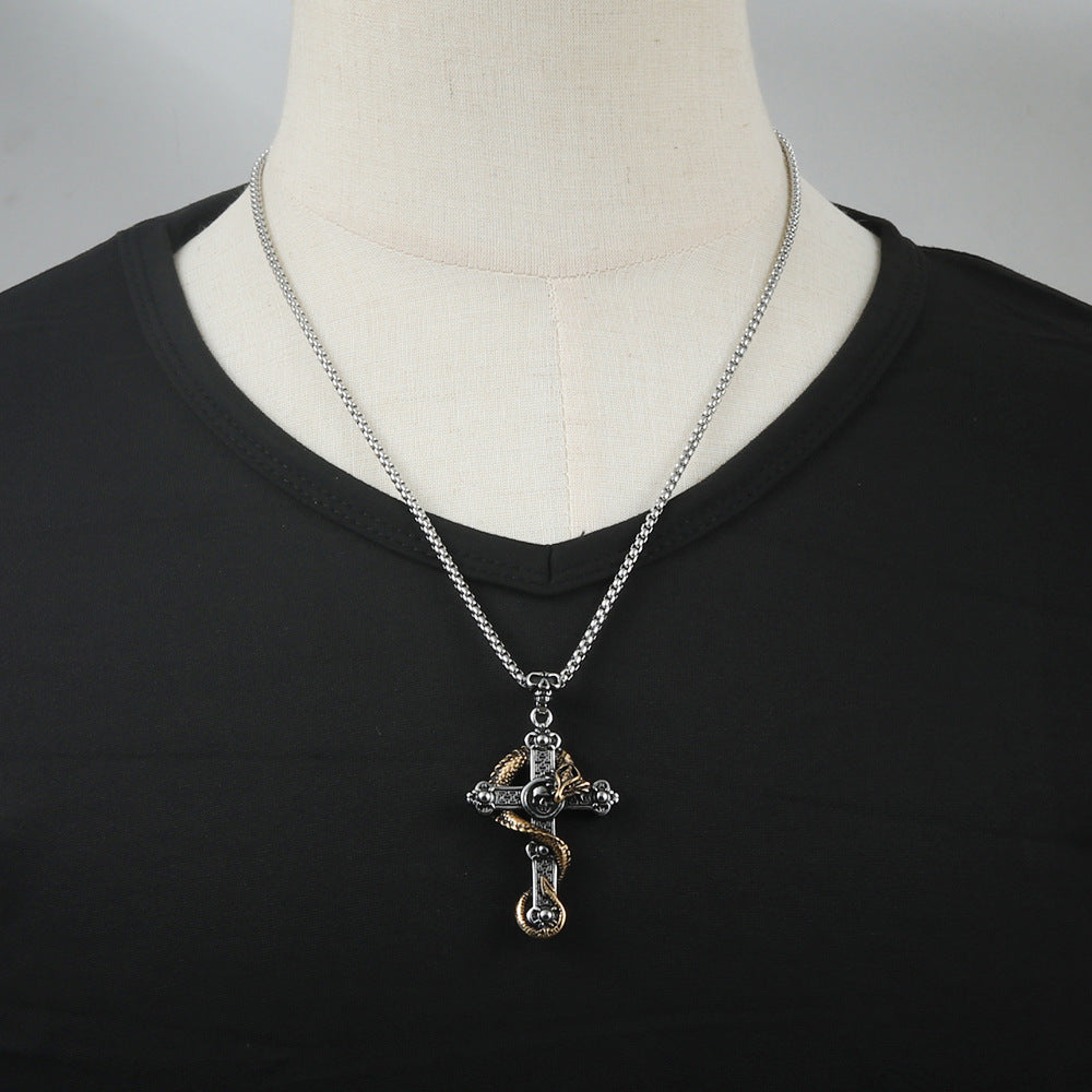 European And American Stainless Steel Skull Pendant Men's Trendy Retro Titanium Steel Cross Necklace