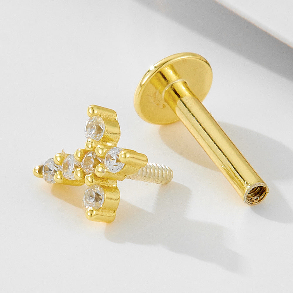 Planderful S925 Sterling Silver Cross Earrings With Zircon Flat Head For Cartilage Piercing Lovers