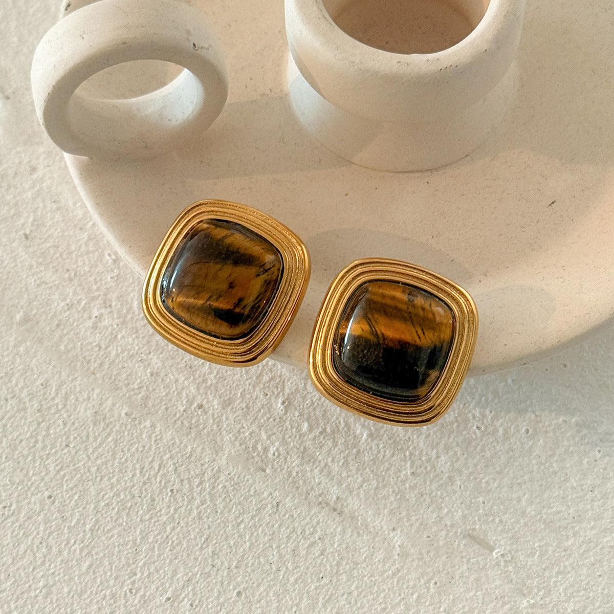 Planderful Stainless Steel Stud Earrings Tiger Stone Inlaid Geometric Pearl Square Statement For Trendsetting Women