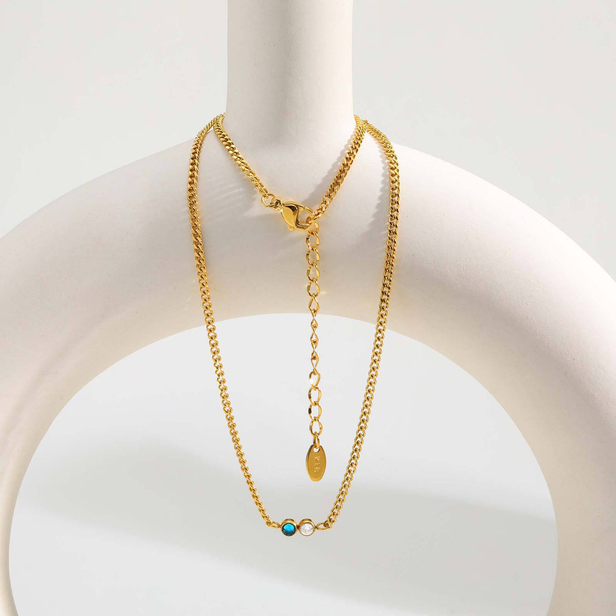 Stainless Steel European – American Cuban Chain Stylish White Blue Zircon Colored Necklace