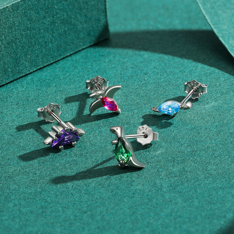 925 Sterling Silver Multicolor Dinosaur Stud Earrings