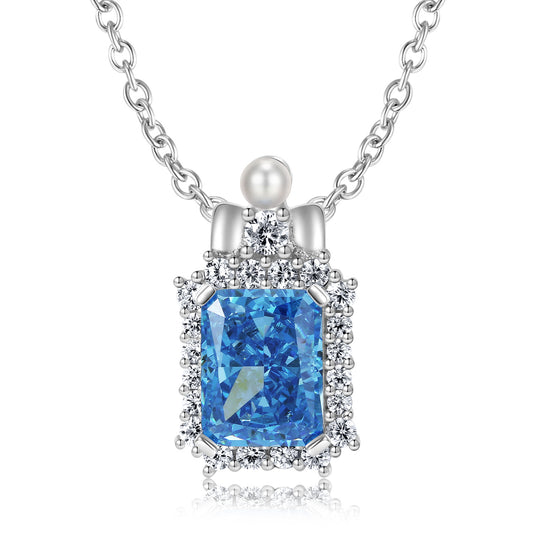 Soleste Halo Rectangle Blue Zircon Pendant Silver Necklace