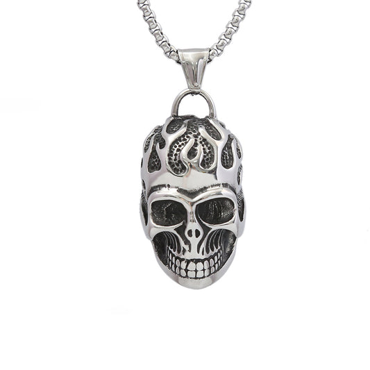 Foreign Trade Titanium Steel Flame Skull Necklace for Men