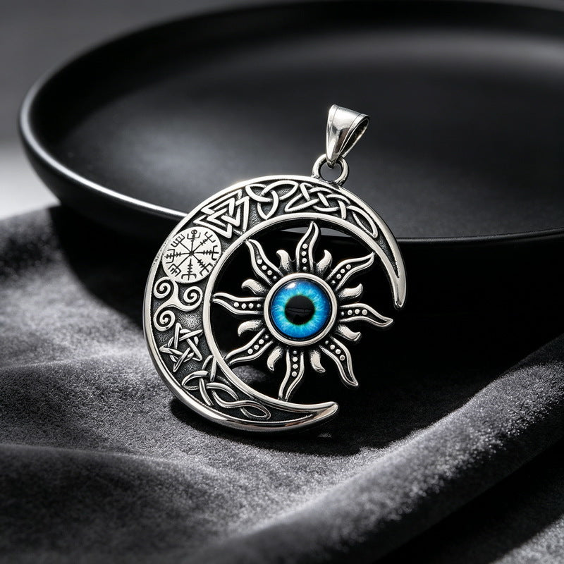 Punk Devil'S Eye Sun And Moon Pendant Viking Celtic Knot Pentagram Round Brand Necklace