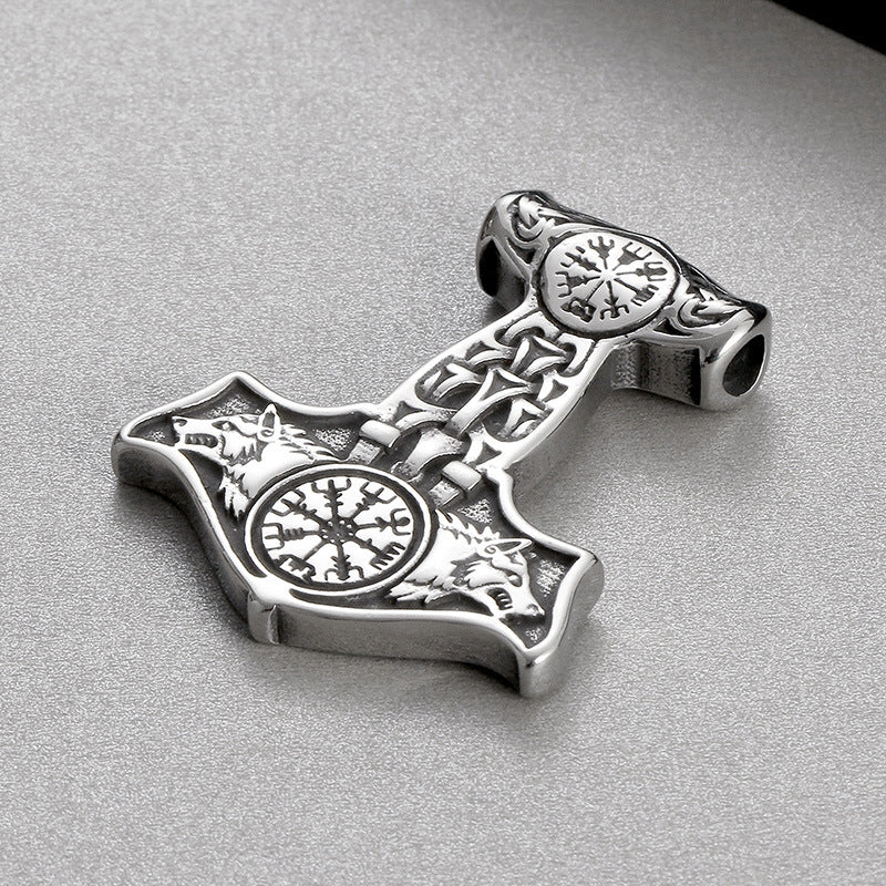 Viking-Inspired Stainless Steel Double Wolf Pendant with Thor's Hammer Compass Rune for Men