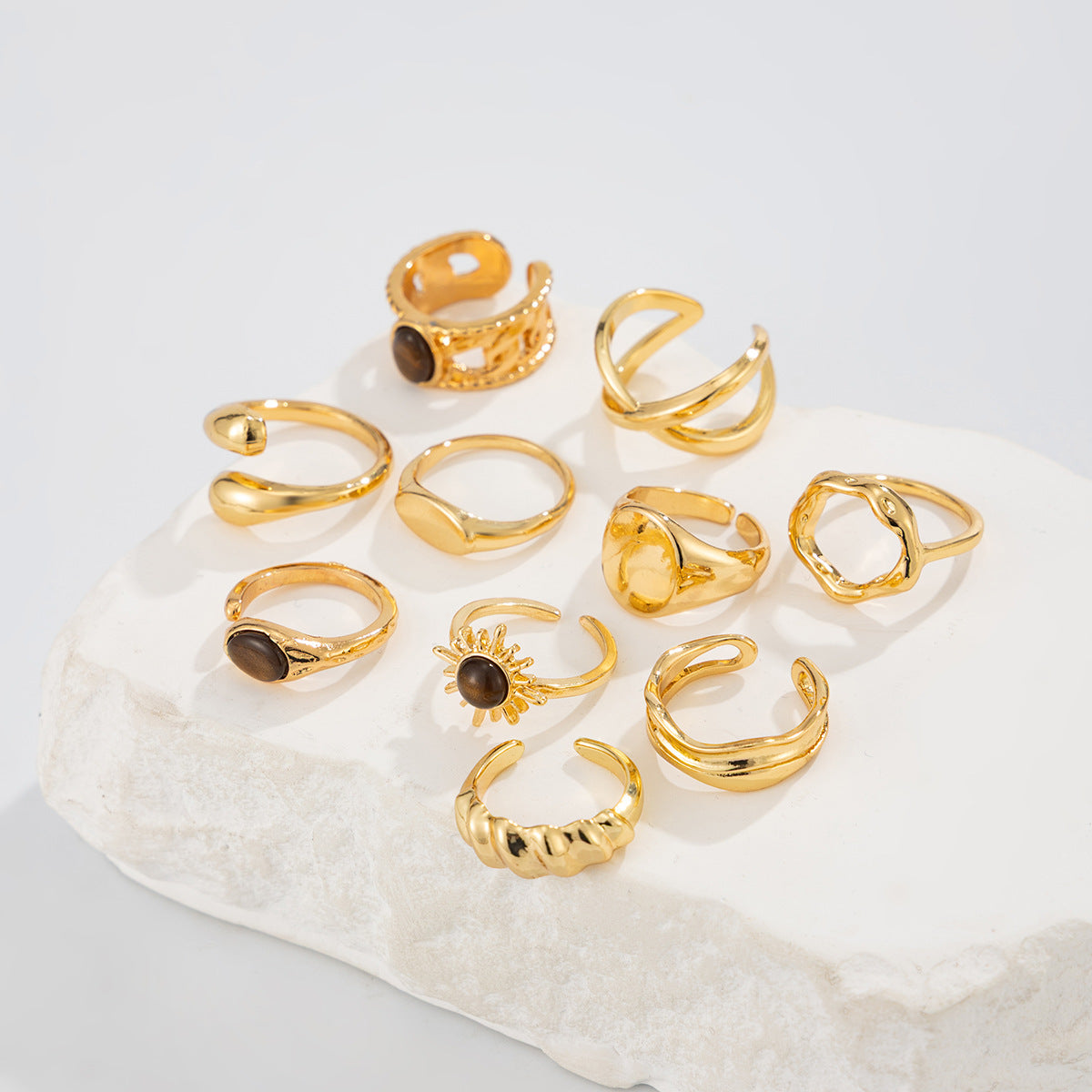 Planderful Vienna Verve Tiger's Eye Ring For Women Open Sun Metal Statement Jewelry