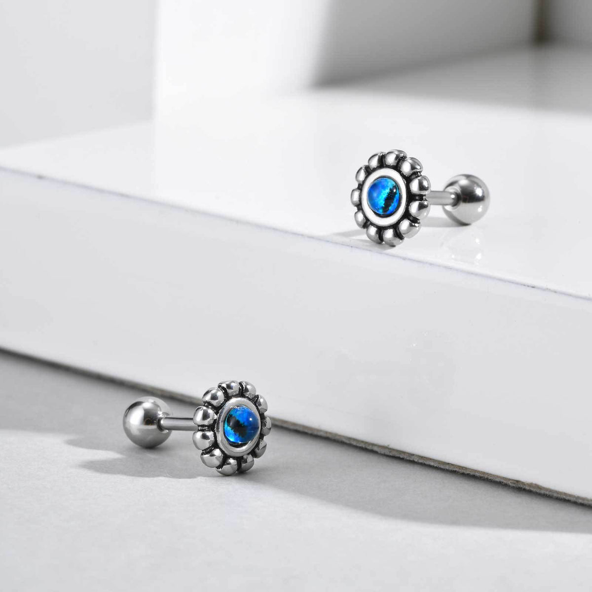 Blue Opal-Effect Flower Stud Earring — Single