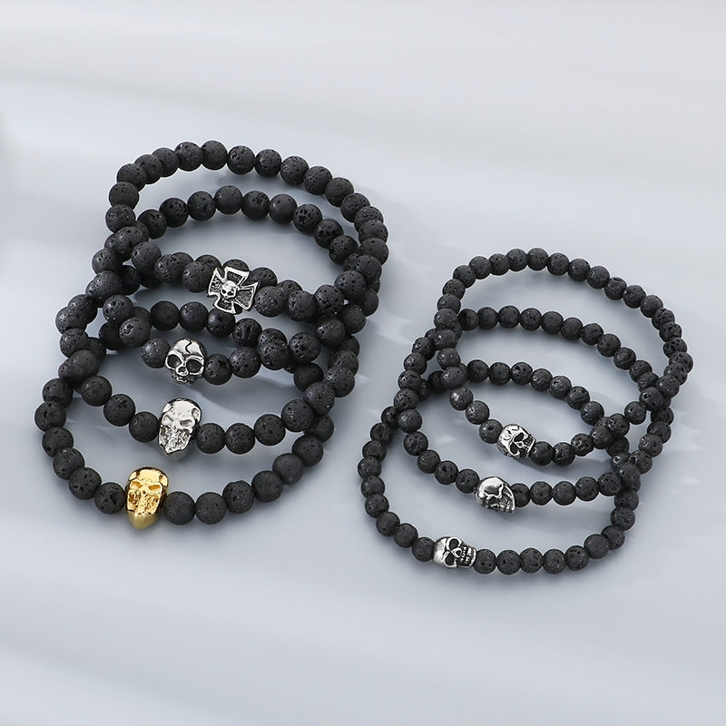 Planderful Men Skull Beaded Elastic Bracelet Volcanic Stone