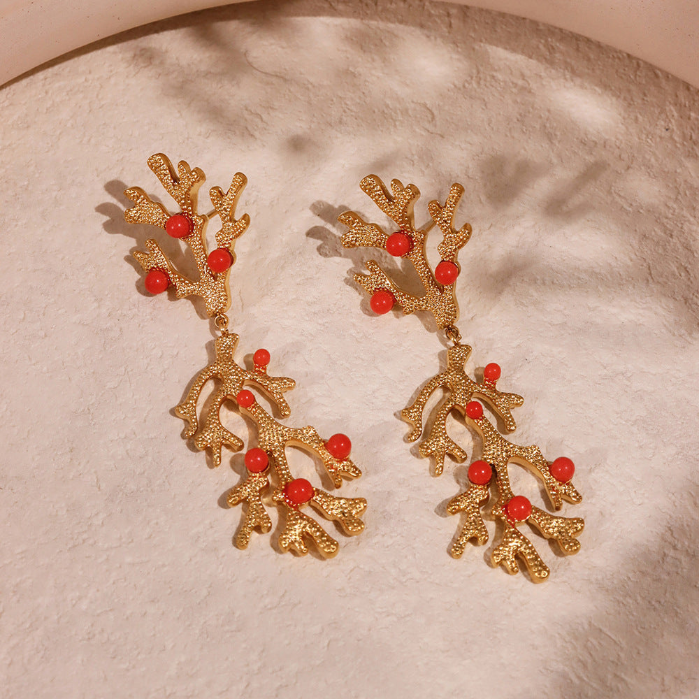 Planderful Red Coral Bead Oil Drop Earrings 18K Gold Women