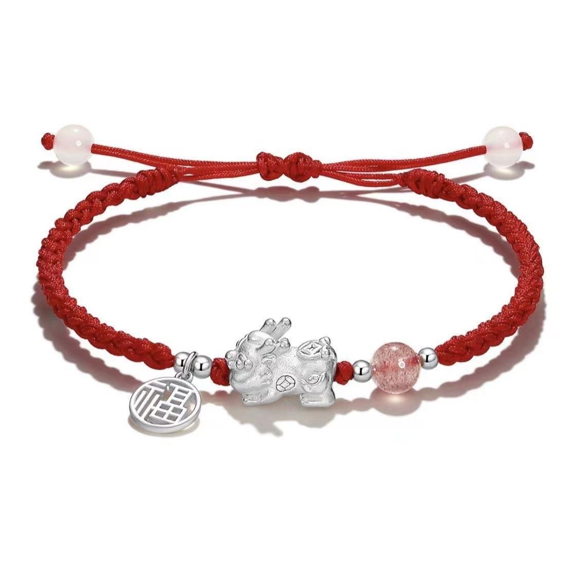 Hand-Woven Copper-Silver-Plated Red Rope Bracelets with Gold-Swallowing Beasts for Valentine's Day
