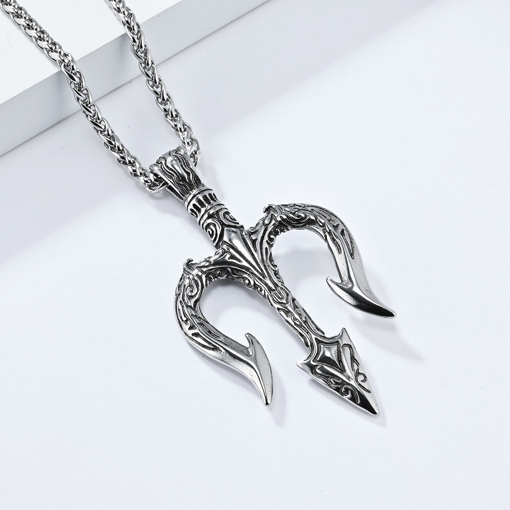 Steel Necklace - Vintage Trident Pendant For Men Everyday Hip Hop Jewelry By Planderful
