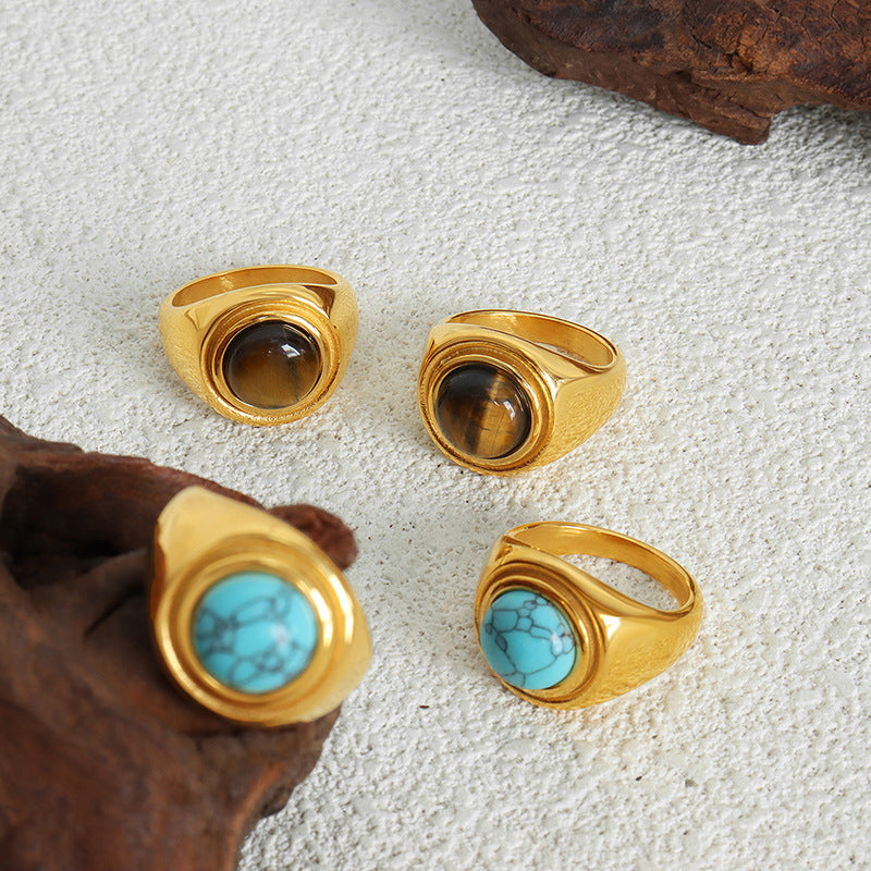Luxury Tiger's Eye and Blue Turquoise Titanium Steel Couple Ring