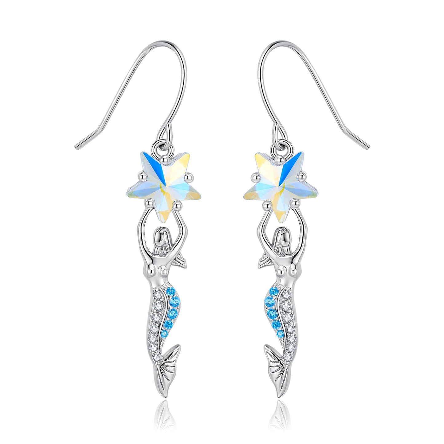 Pentagram Zircon Mermaid Pendant Silver Hook Earrings